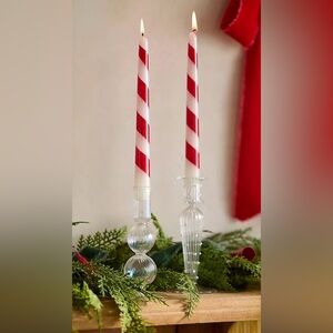 Anthropologie Red and White Striped Candles with Glass Holders